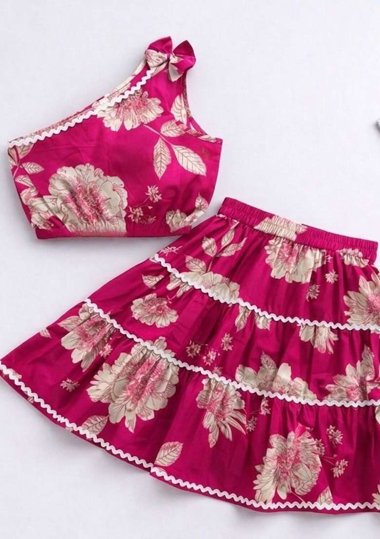 Fuchsia Floral Printed Cambric Co Ord Set For Girls - Indya