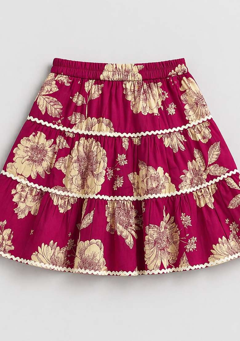 Fuchsia Floral Printed Cambric Co Ord Set For Girls - Indya
