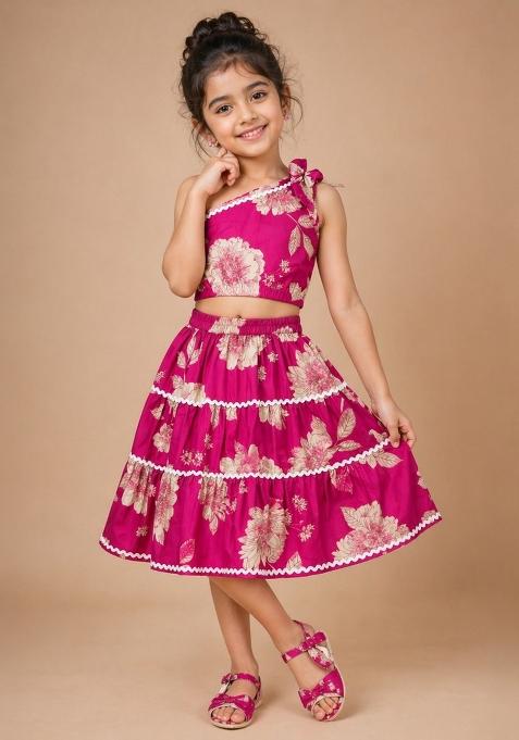 Fuchsia Floral Printed Cambric Co Ord Set For Girls