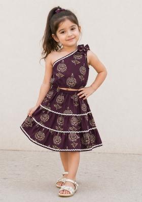Wine Floral Printed Cambric Co Ord Set For Girls