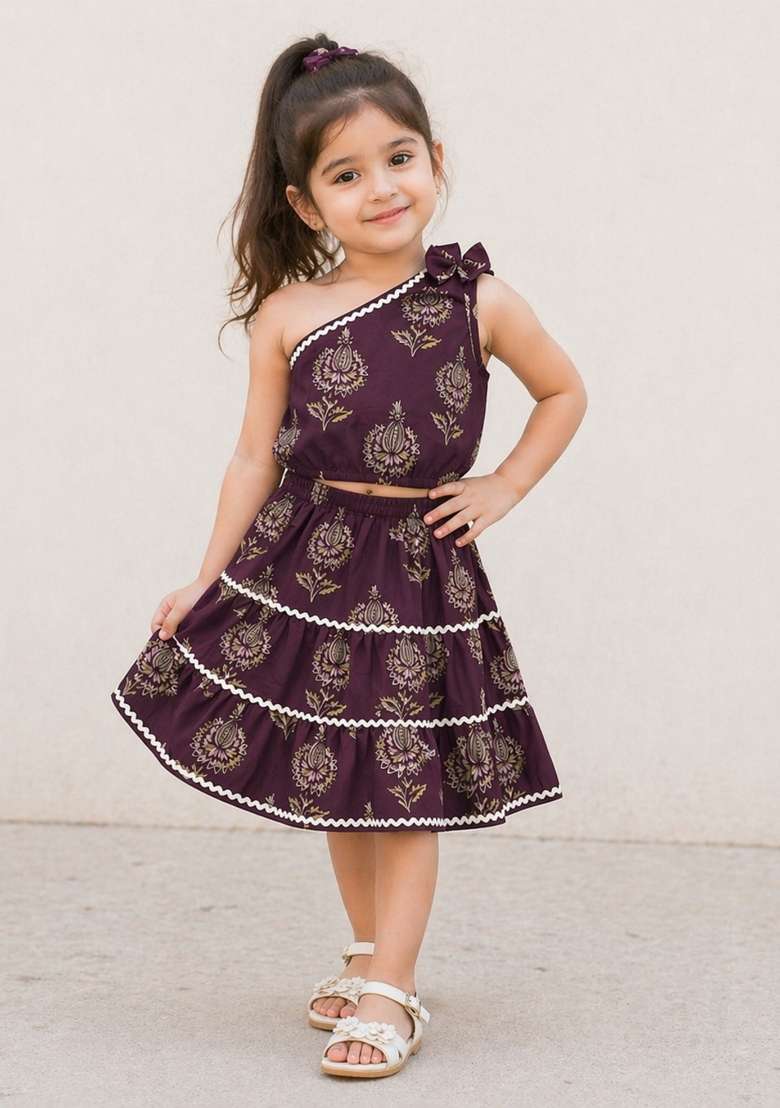 Wine Floral Printed Cambric Co Ord Set For Girls - Indya