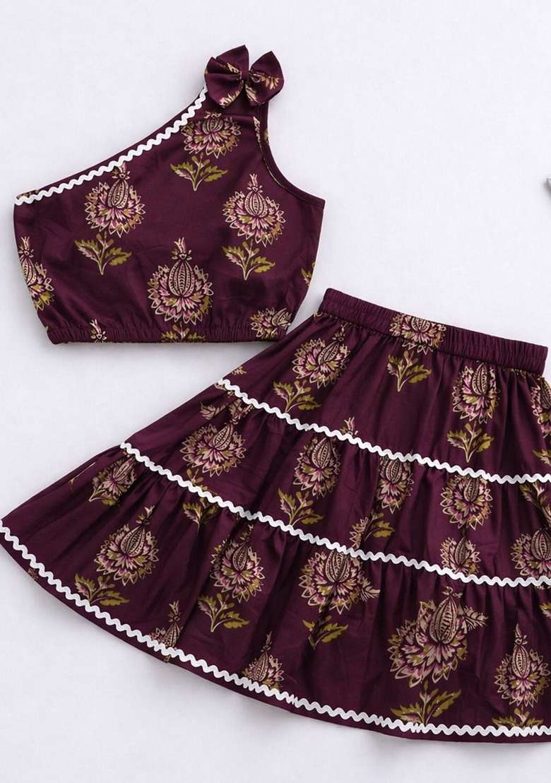 Wine Floral Printed Cambric Co Ord Set For Girls - Indya