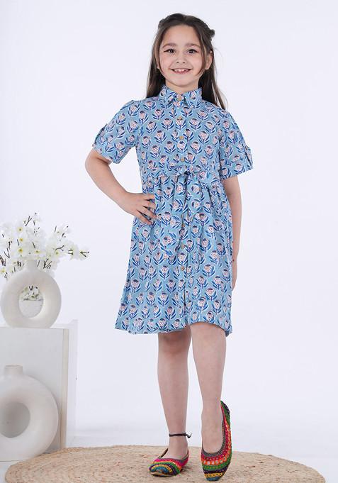 Blue Printed Pure Cotton Dress