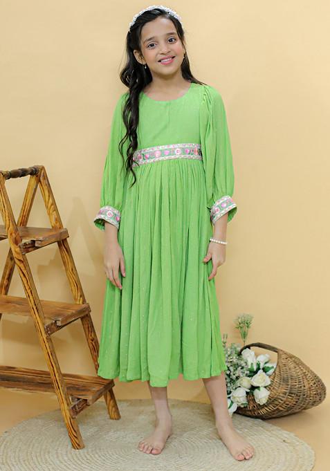 Green Embroidered Georgette Lurex Dress