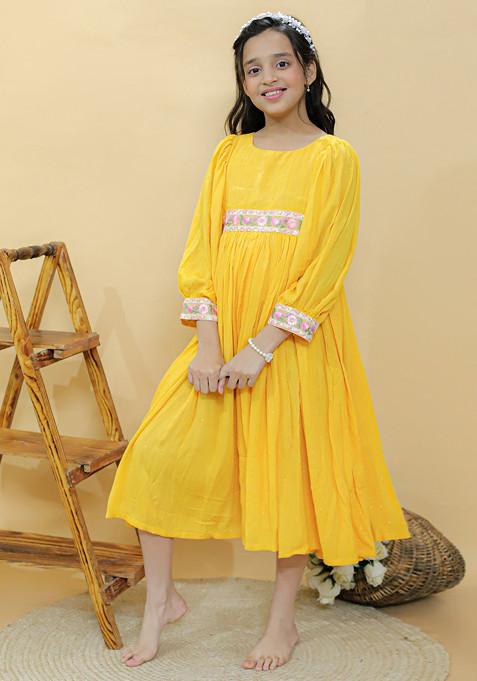 Yellow Embroidered Georgette Lurex Dress