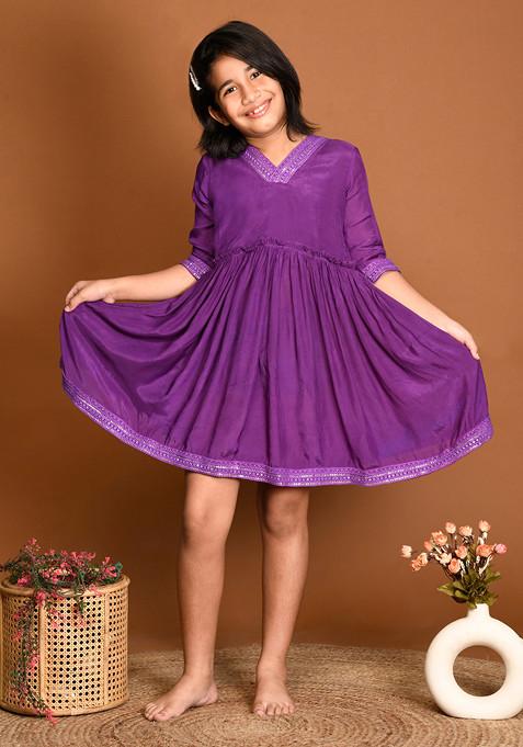 Purple Embroidered Muslin Silk Dress