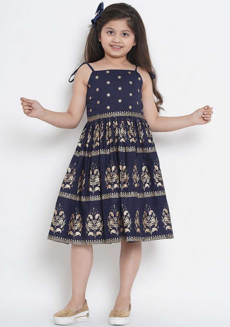 Navy Blue Foil Printed Cotton Dress - Indya