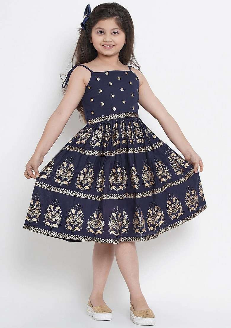 Navy Blue Foil Printed Cotton Dress - Indya