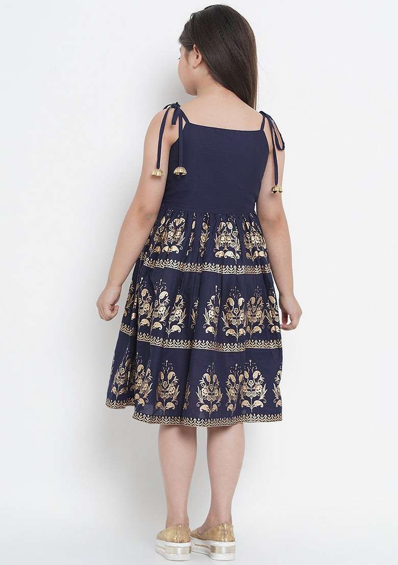 Navy Blue Foil Printed Cotton Dress - Indya