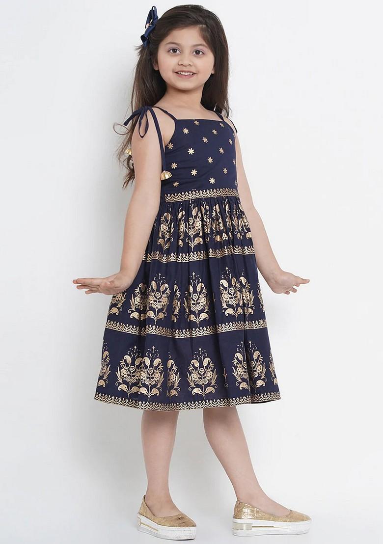 Navy Blue Foil Printed Cotton Dress - Indya