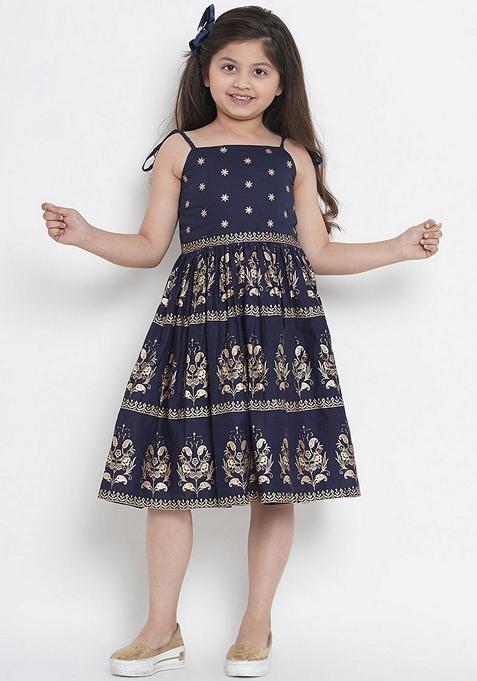 Navy Blue Foil Printed Cotton Dress