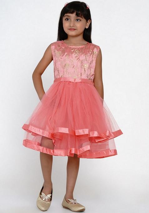 Peach Self Design Cotton Blend Dress