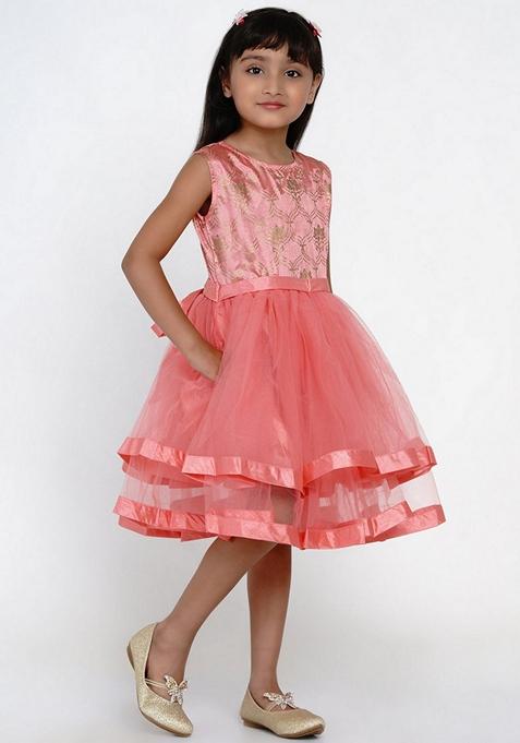 Peach Self Design Cotton Blend Dress