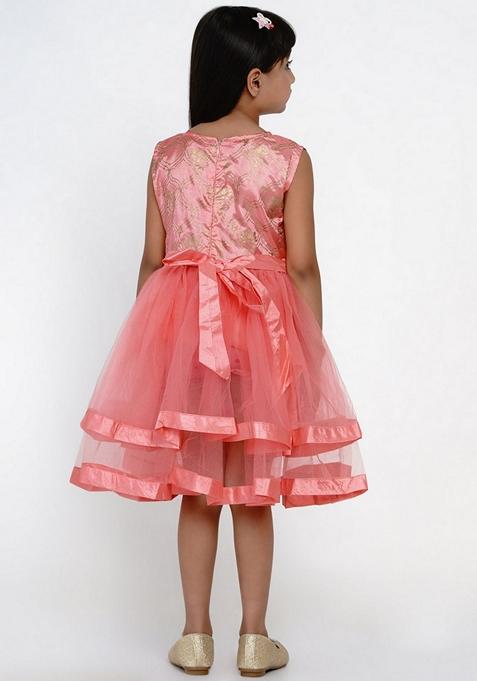 Peach Self Design Cotton Blend Dress