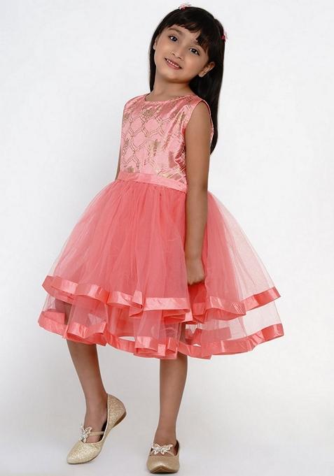 Peach Self Design Cotton Blend Dress