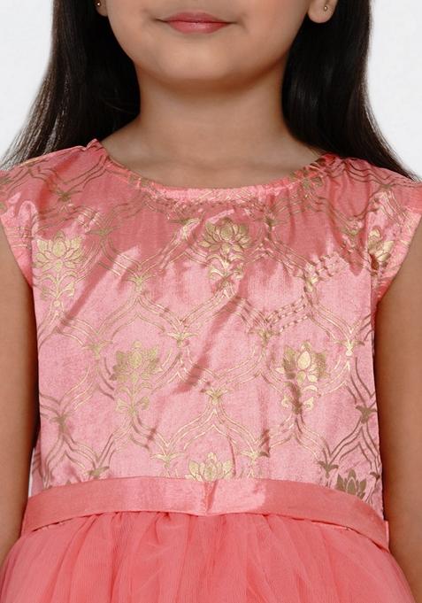 Peach Self Design Cotton Blend Dress