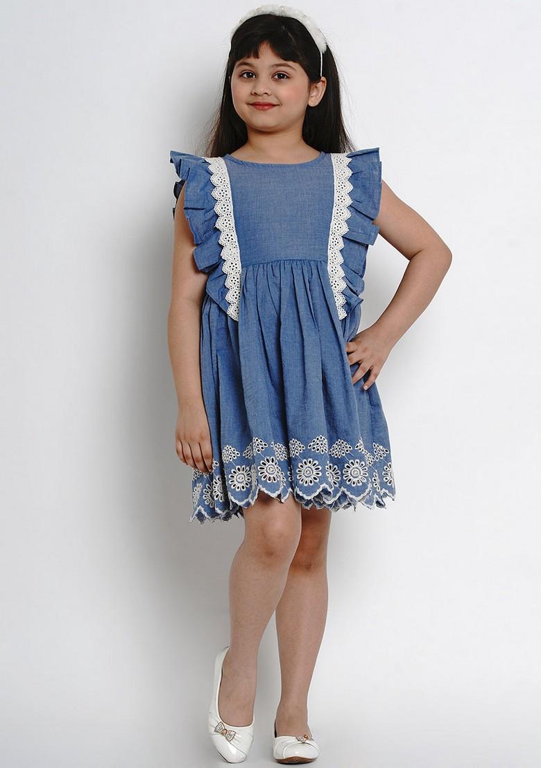 Blue Solid Cotton Dress - Indya
