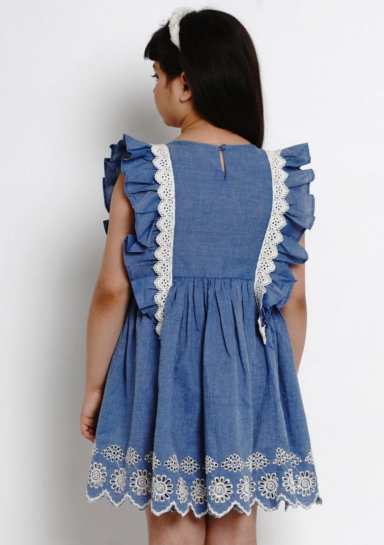 Blue Solid Cotton Dress - Indya