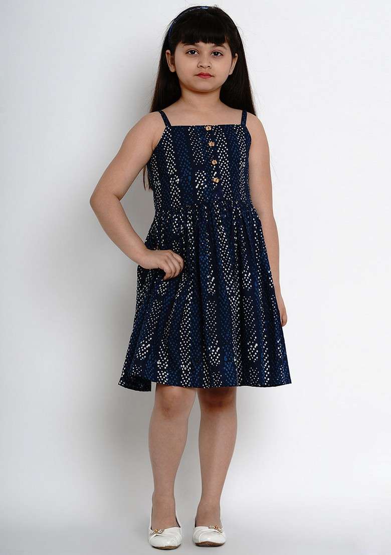 Navy Blue Printed Cotton Dress - Indya