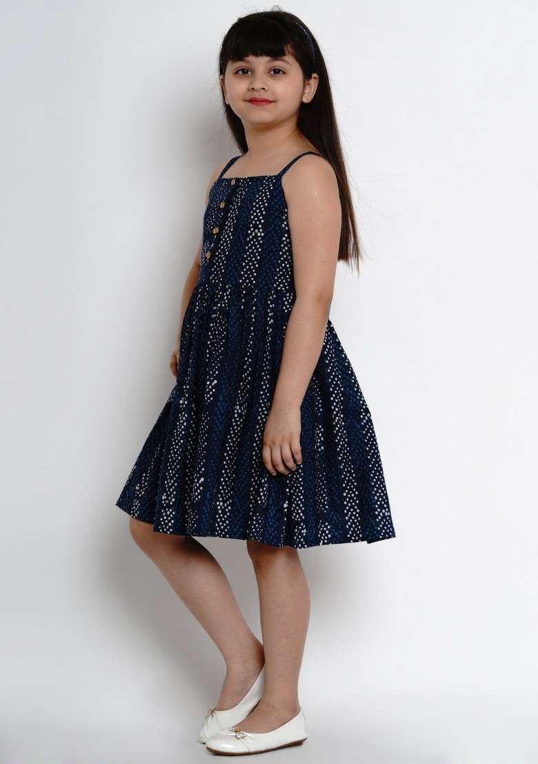 Navy Blue Printed Cotton Dress - Indya