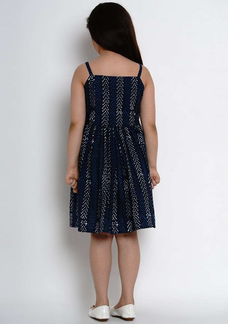 Navy Blue Printed Cotton Dress - Indya