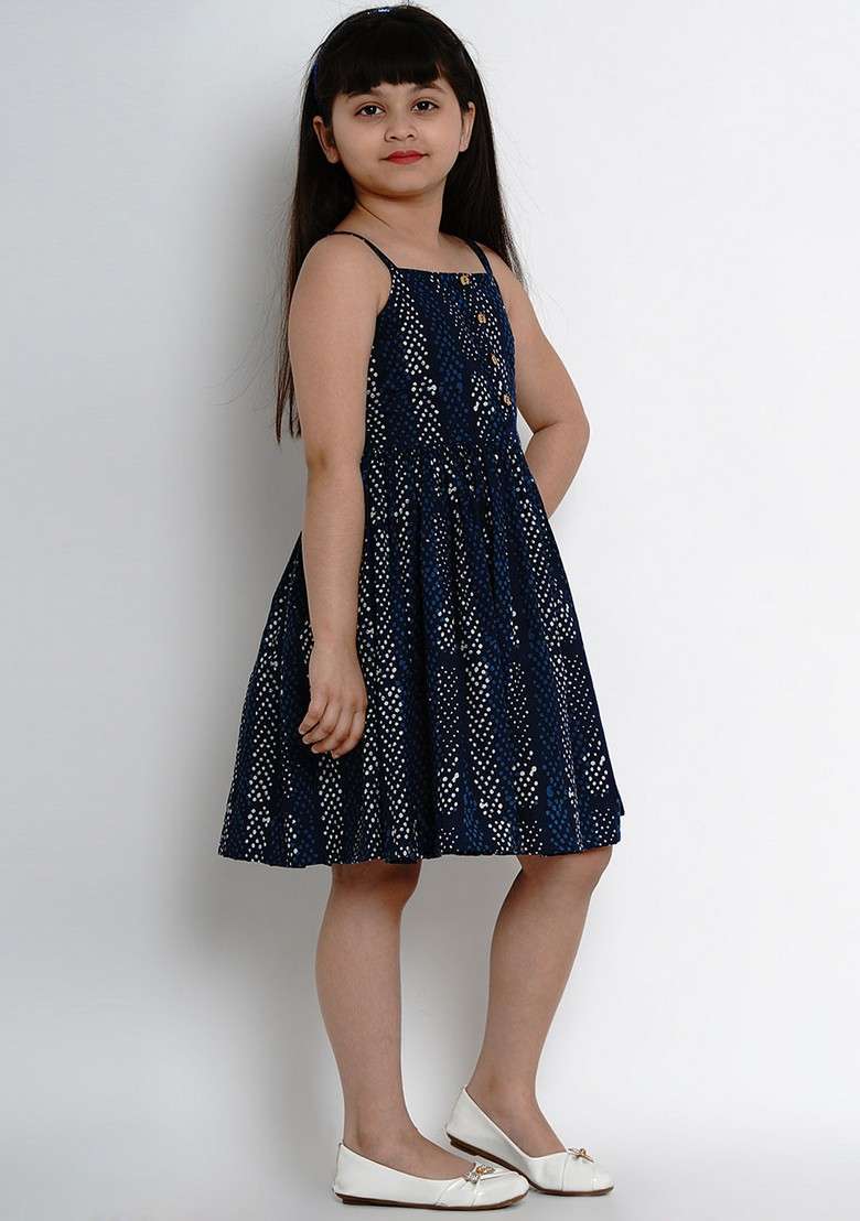 Navy Blue Printed Cotton Dress - Indya