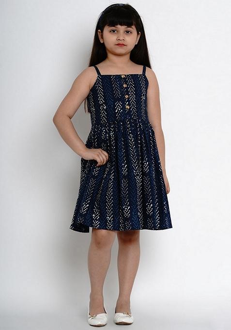 Navy Blue Printed Cotton Dress