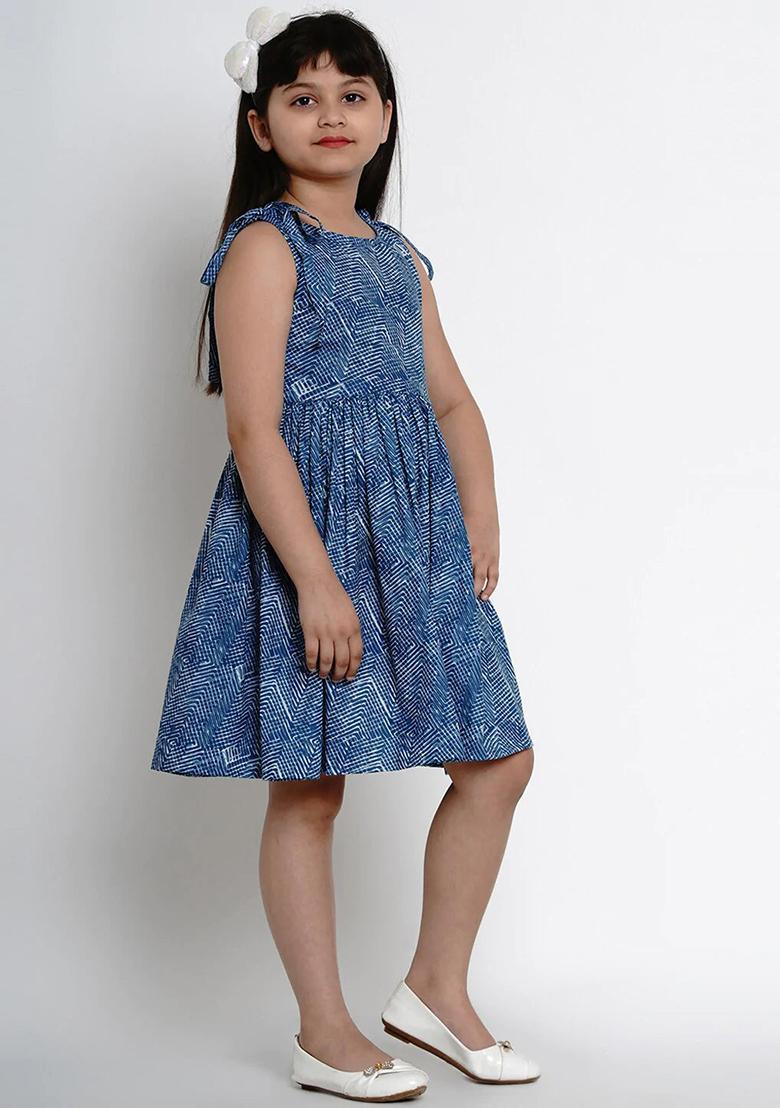Blue Printed Cotton Dress - Indya