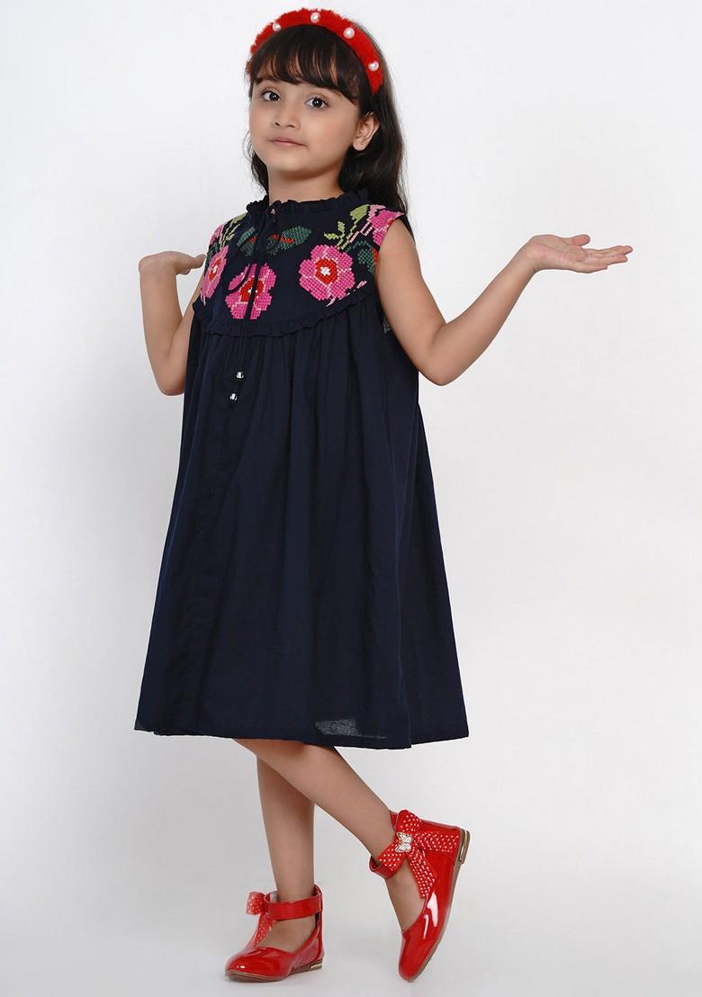 Navy Blue Embroidered Cotton Dress - Indya