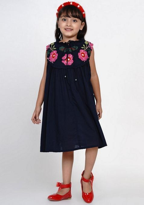 Navy Blue Embroidered Cotton Dress