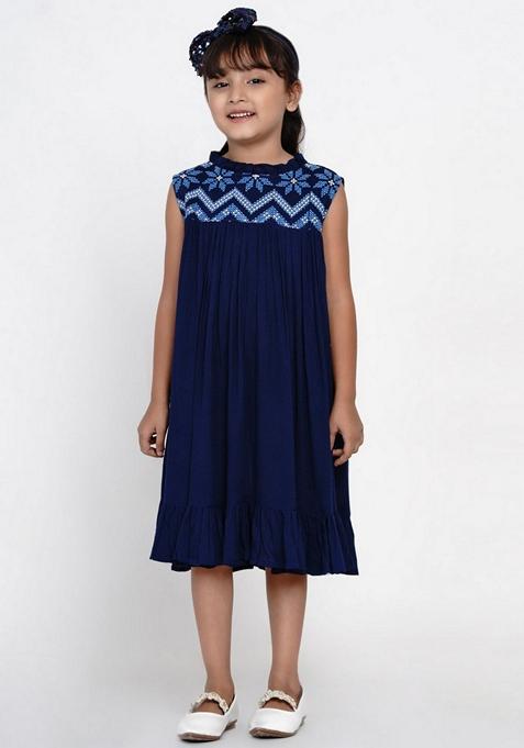 Navy Blue Embroidered Cotton Dress