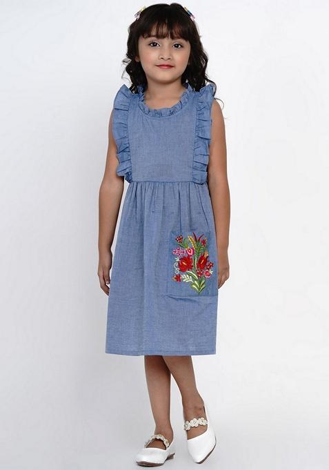 Blue Solid Cotton Dress