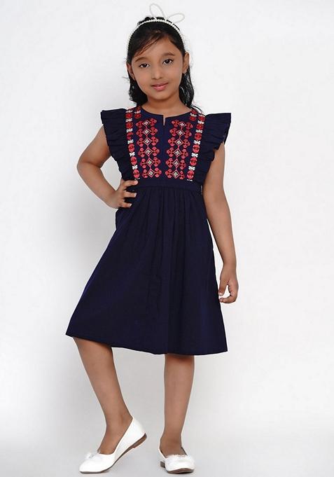 Navy Blue Embroidered Cotton Dress