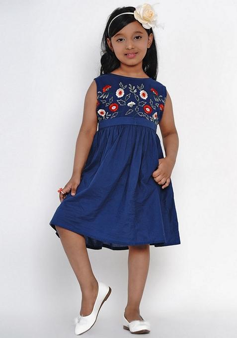 Blue Embroidered Cotton Dress