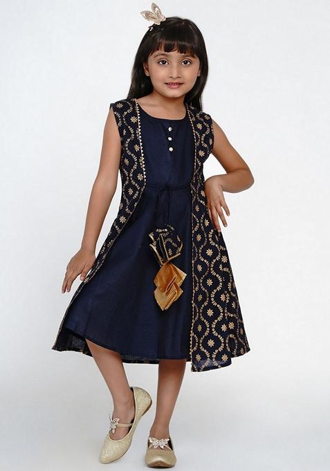 Navy Blue Printed Cotton Dress