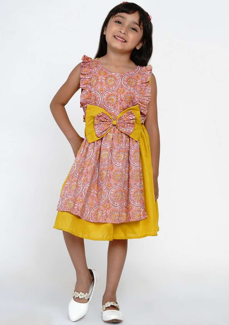 Yellow Printed Cotton Dress - Indya