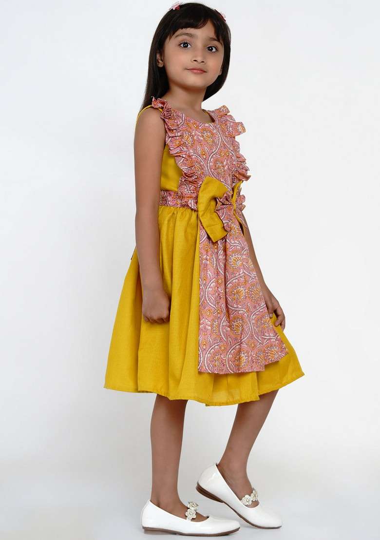 Yellow Printed Cotton Dress - Indya