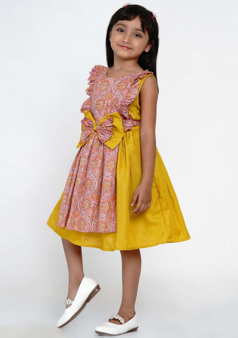 Yellow Printed Cotton Dress - Indya