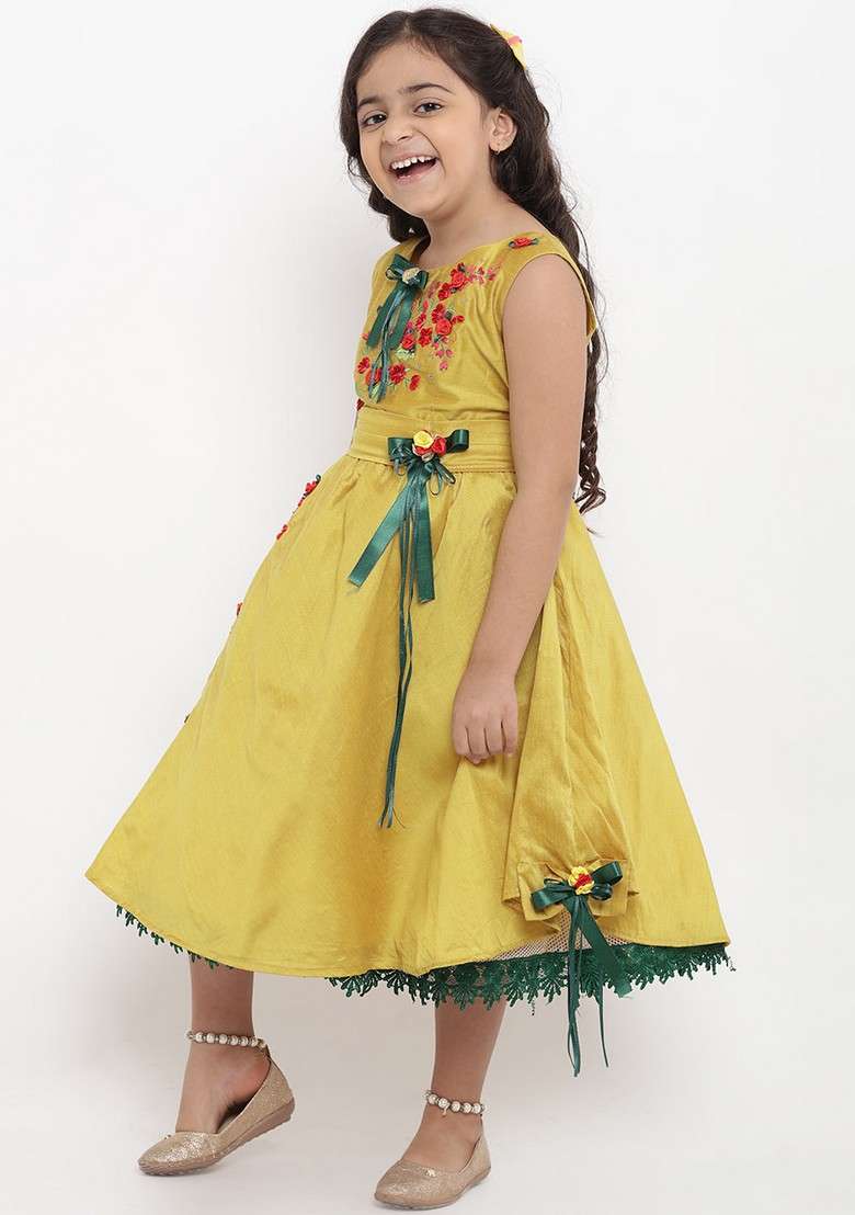Yellow Embellished Cotton Blend Dress - Indya