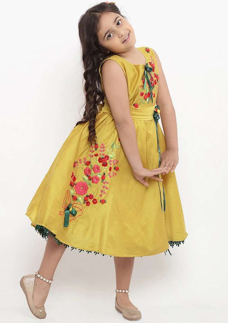 Yellow Embellished Cotton Blend Dress - Indya