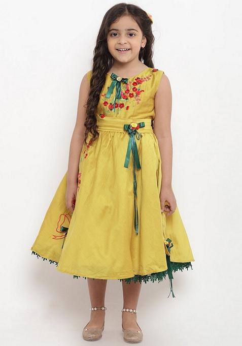 Yellow Embellished Cotton Blend Dress