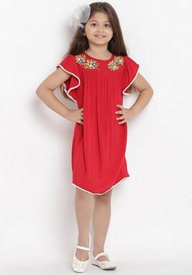 Red Embroidered Cotton Blend Dress