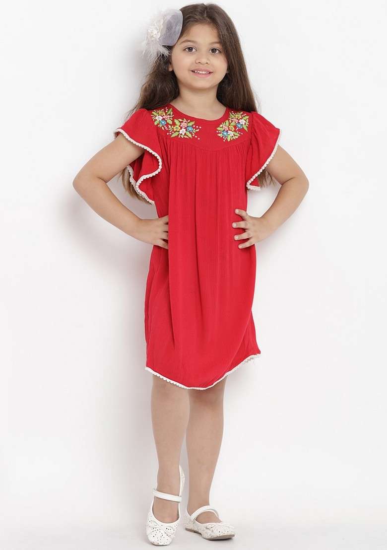 Red Embroidered Cotton Blend Dress - Indya