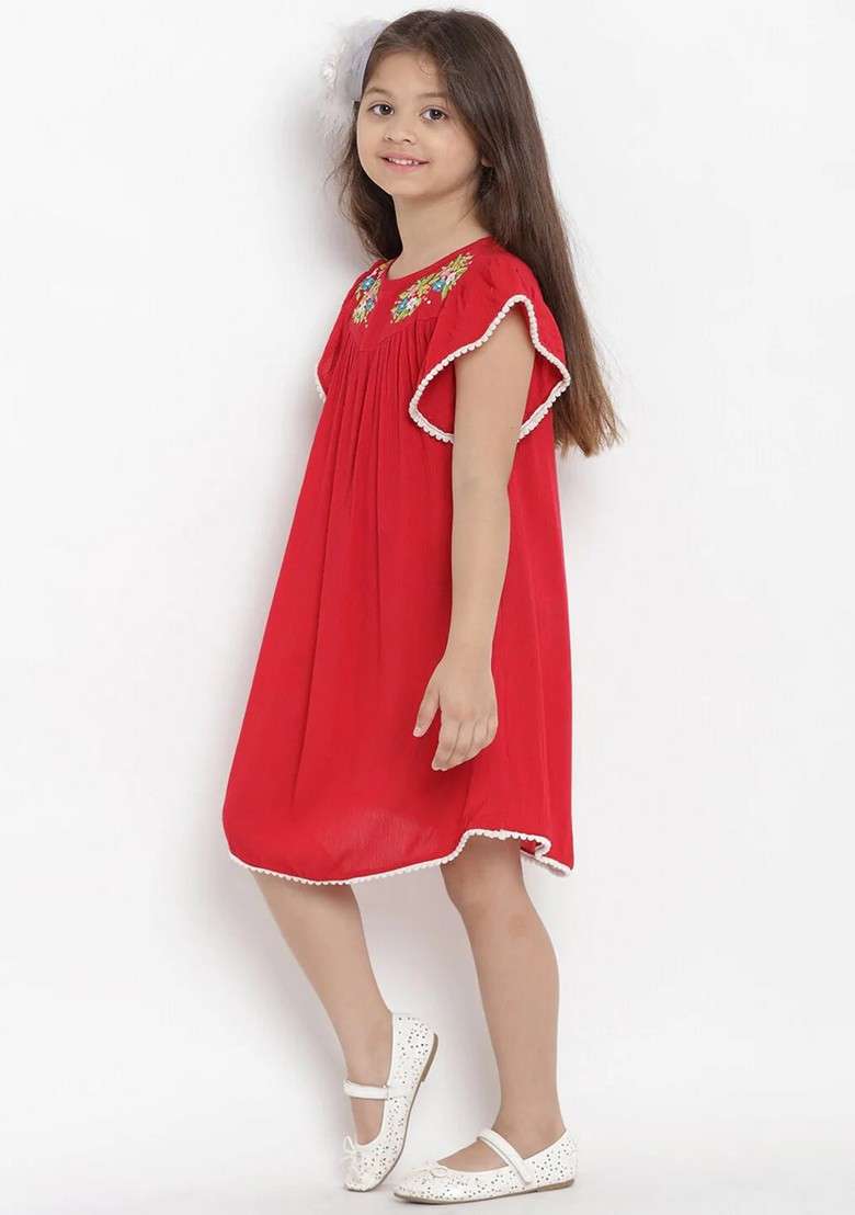 Red Embroidered Cotton Blend Dress - Indya