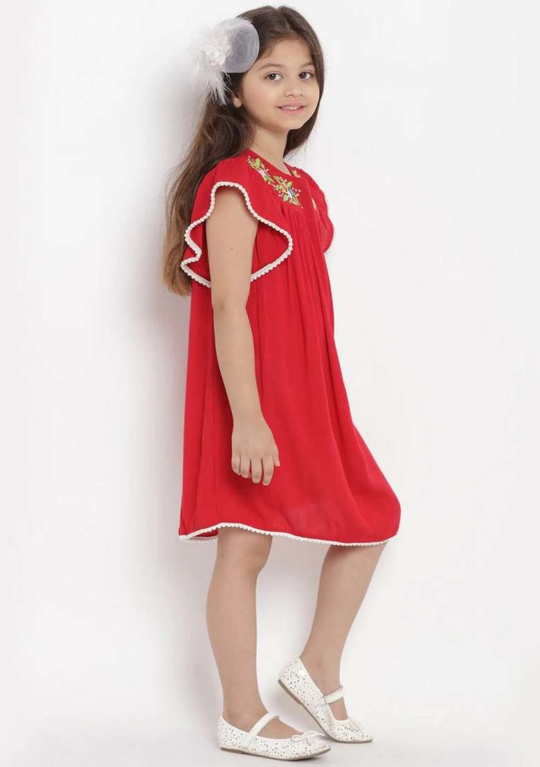 Red Embroidered Cotton Blend Dress - Indya