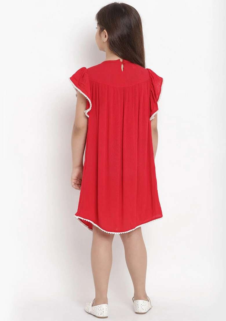 Red Embroidered Cotton Blend Dress - Indya