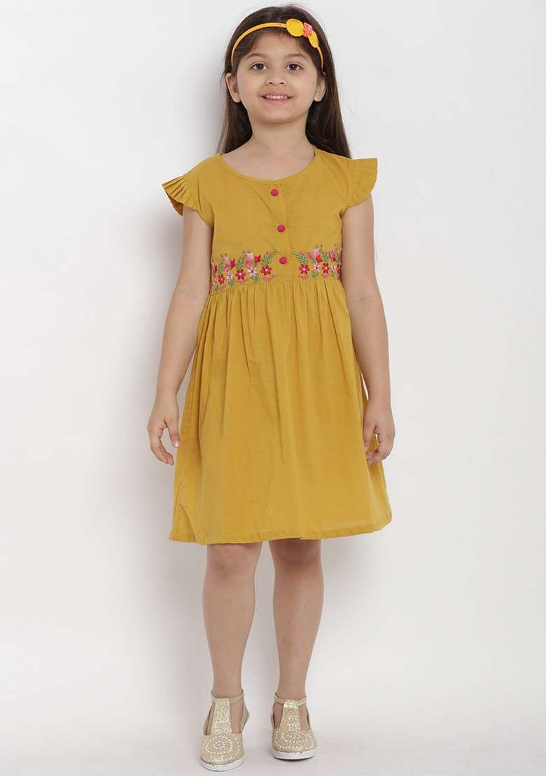 Mustard Embroidered Cotton Dress - Indya