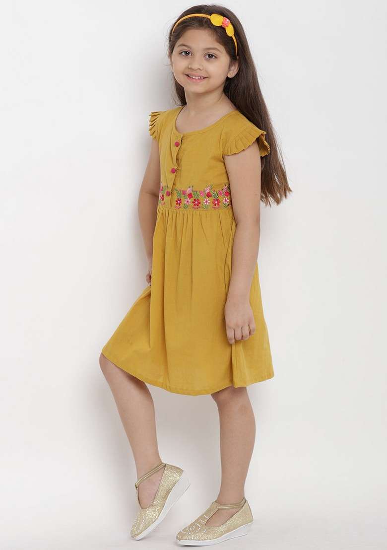 Mustard Embroidered Cotton Dress - Indya