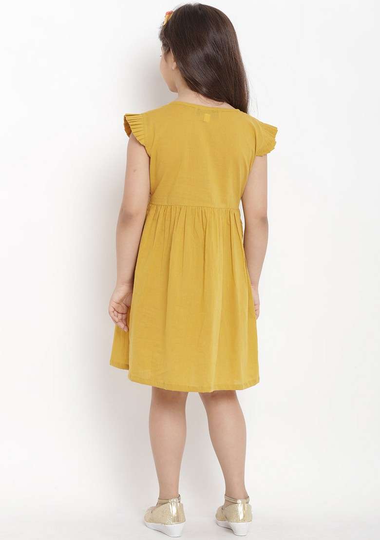Mustard Embroidered Cotton Dress - Indya