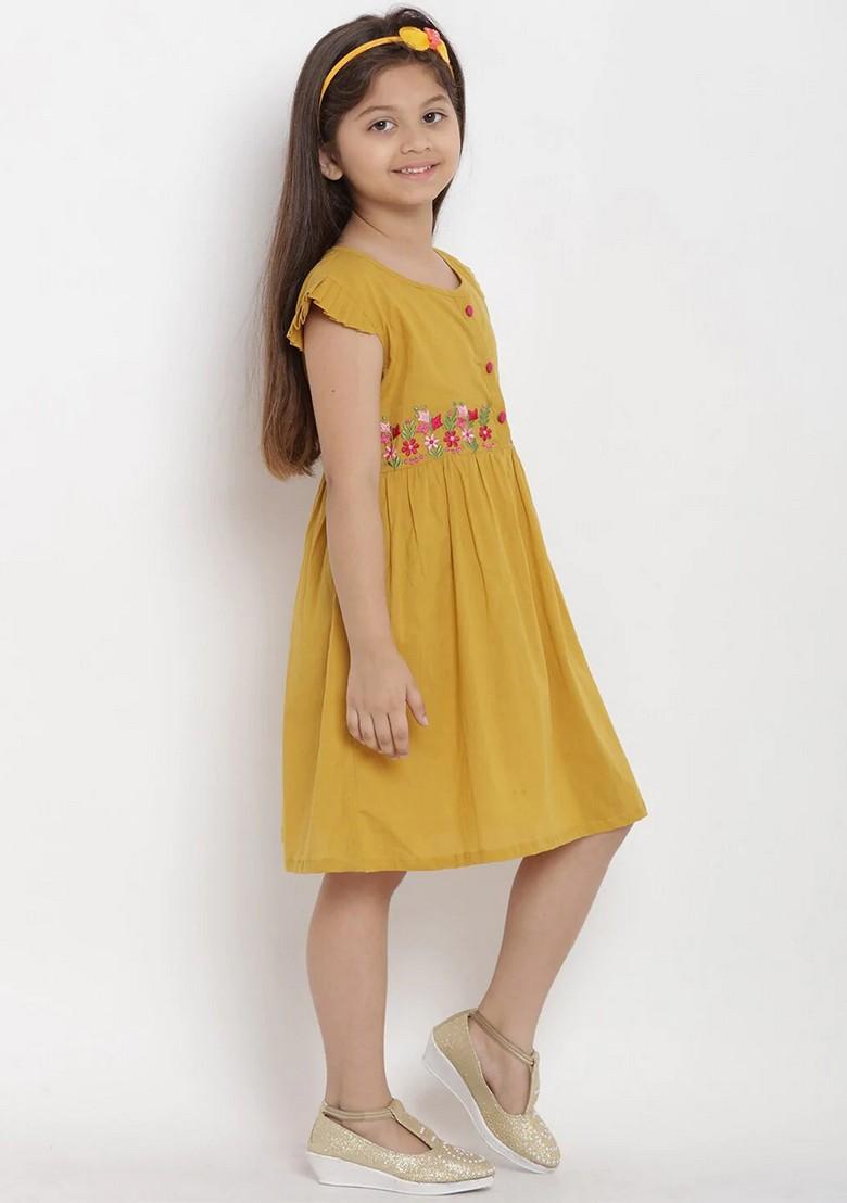 Mustard Embroidered Cotton Dress - Indya